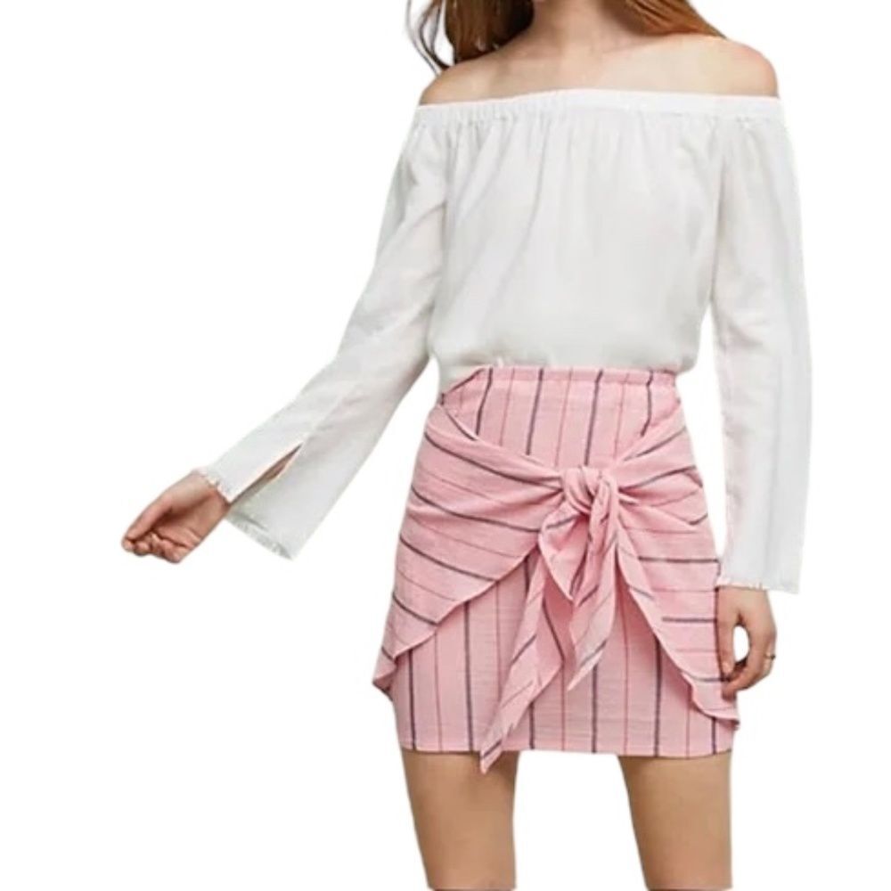 Anthropologie Holding Horses Striped Tie Front Mini Skirt Pink Metallic Medium